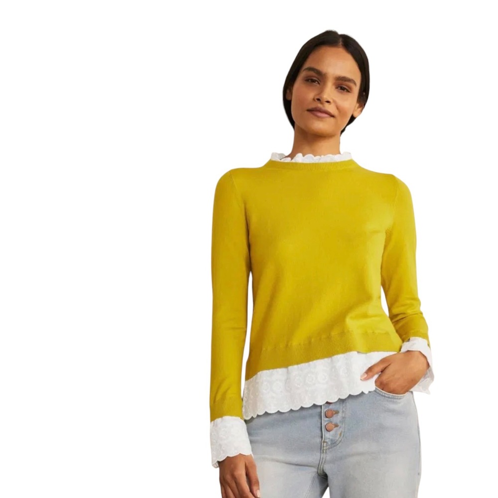 Boden Chartreuse Cotton Lauderdale Sweater White Eyelet Lace Trim Pullover US 8